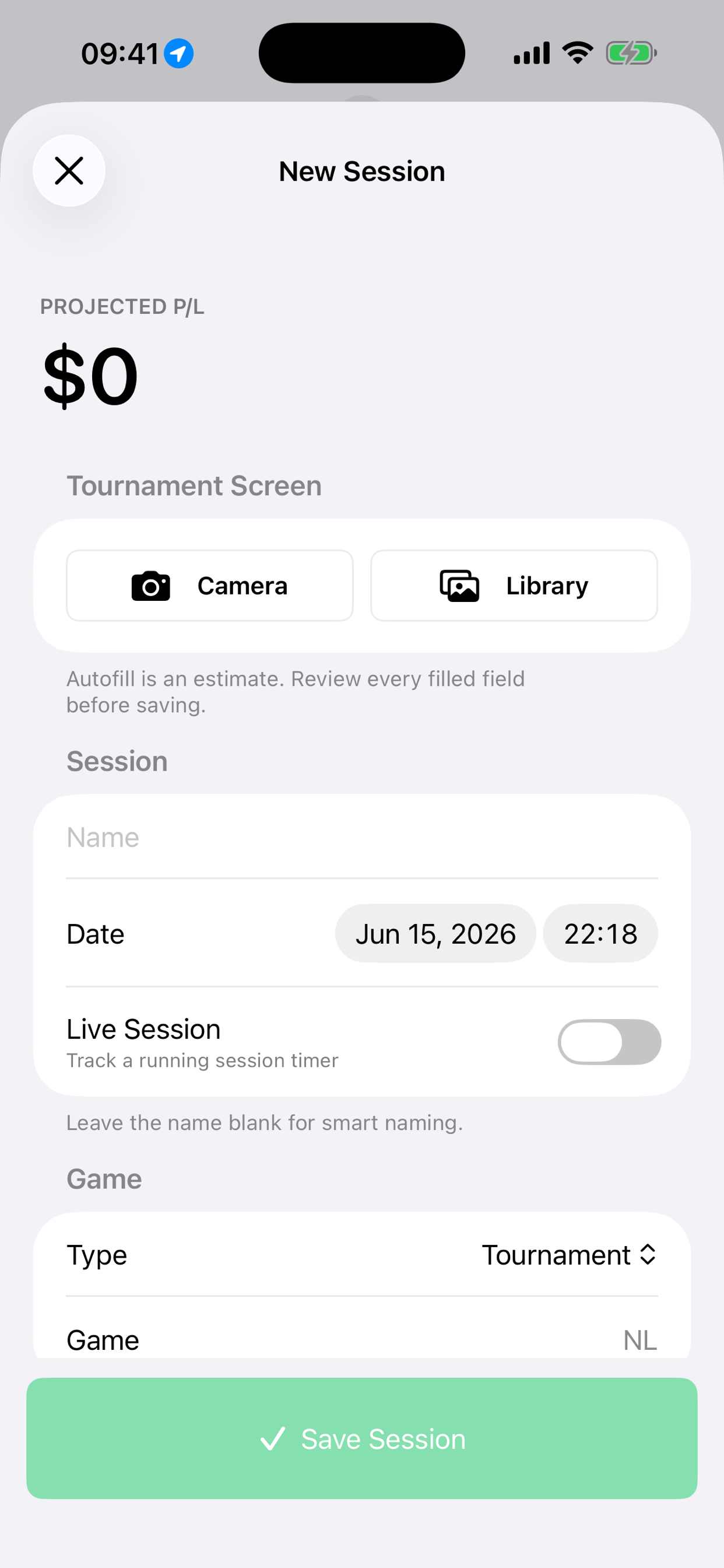 New session editor with projected profit and live session photo import controls